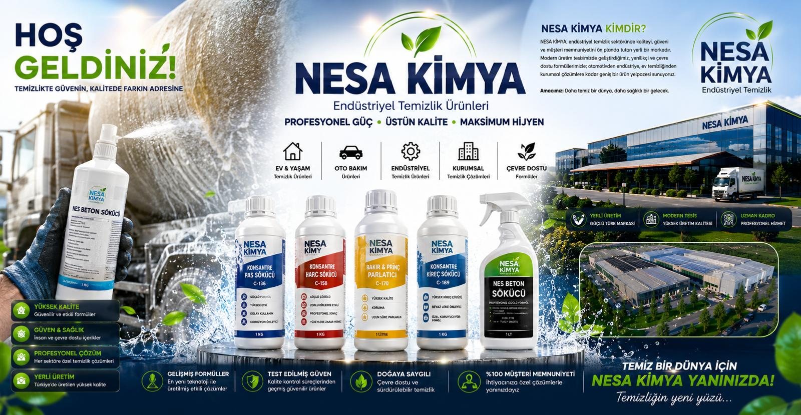 Nesa Kimya — endüstriyel temizlik ürünleri afişi: pas sökücü, harç sökücü, bakır ve pirinç parlatıcı, kireç sökücü, beton sökücü